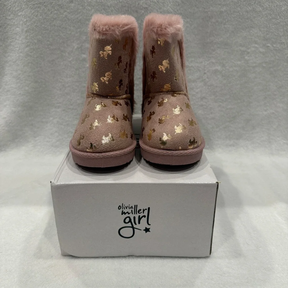 Olivia Miller Girl Pink Gold Unicorn Faux Fur Trim Winter Boots Kids Size 10 NIN